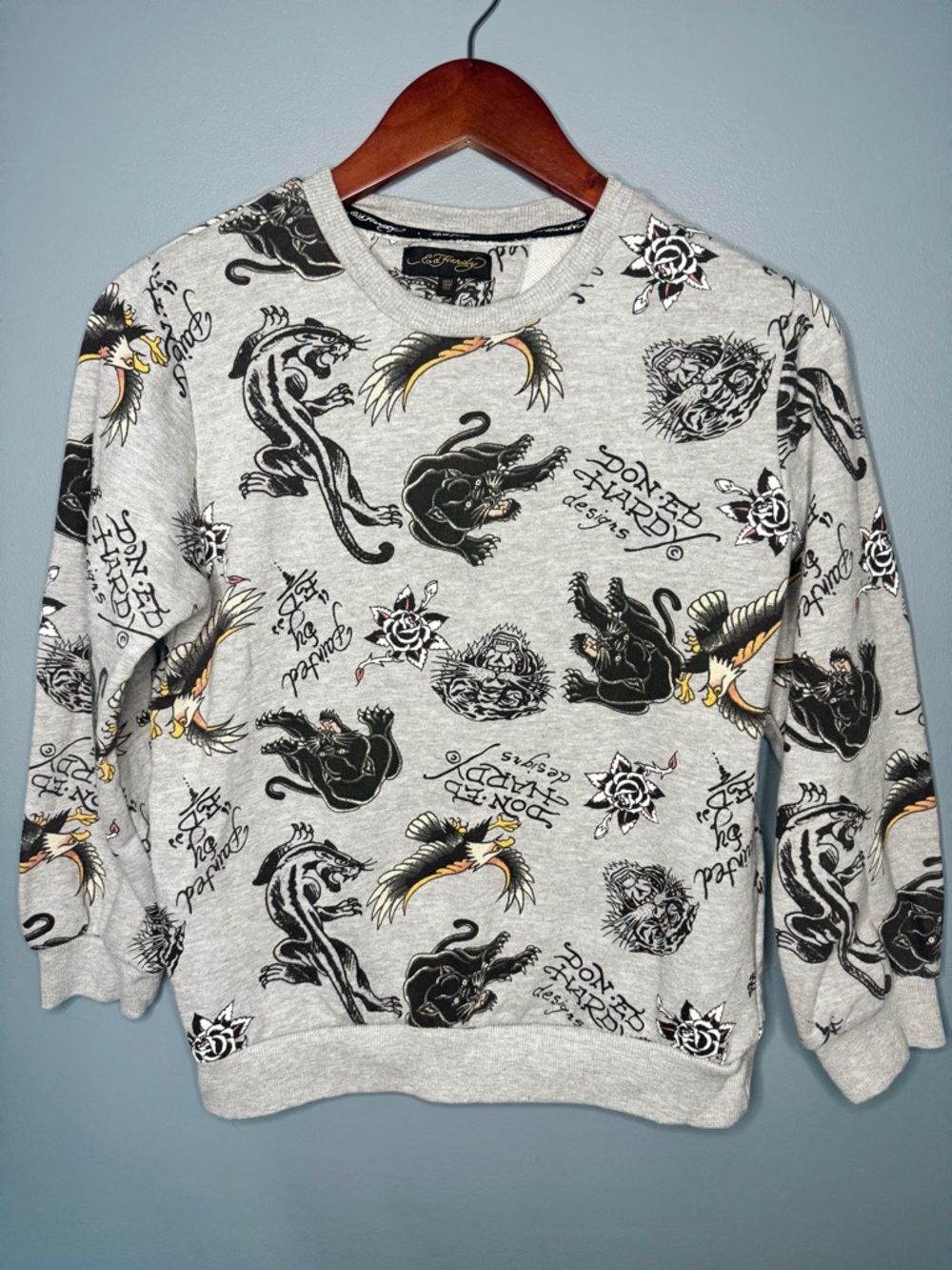 Ed Hardy Kids Crewneck Pullover Sweatshirt Gray Y2K Designer Graphic | Size 12